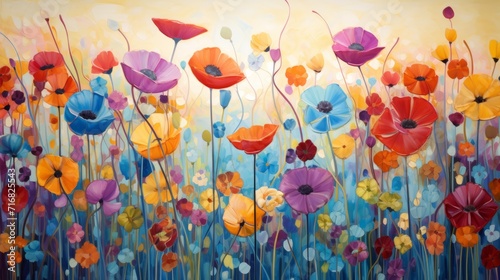 beautiful painting floral background with many different colored flowers.