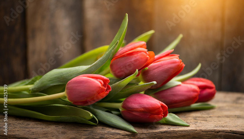 A bouquet of fresh, rerd tulips lay gracefully on a rustic wooden surface, illuminated by soft, natural light. Ideal for springtime themes, romantic occasions, or floral decor.