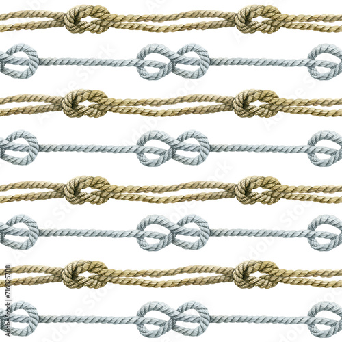 Seamless pattern of rope cords with knots eight knots. Hand drawn illustration. Nautical thread whipcord with loop and noose. Hand painted watercolor on white background. Print, wrapping, crafting.