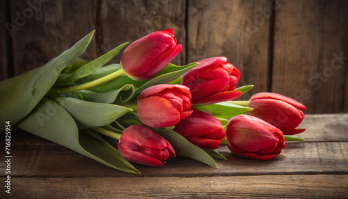 A bouquet of fresh, rerd tulips lay gracefully on a rustic wooden surface, illuminated by soft, natural light. Ideal for springtime themes, romantic occasions, or floral decor.
