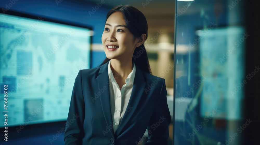 A professional Asian businesswoman smiles confidently in front of financial data analysis screens A professional Asian businesswoman smiles confidently in front of financial data analysis screens