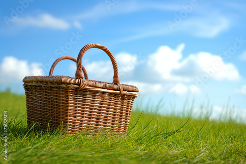 A wicker picnic basket sits on a grassy hill, with a blue sky and clouds in the background. copy space. 