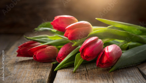 A bouquet of fresh, rerd tulips lay gracefully on a rustic wooden surface, illuminated by soft, natural light. Ideal for springtime themes, romantic occasions, or floral decor.