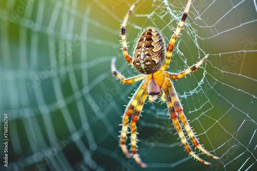 Macro photograph of a spider in the center of its web, with a focus on the web's intricate design.