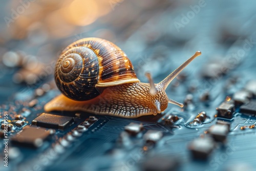 Macro shot of a snail on a tech gadget, illustrating slow and steady progress in technology.