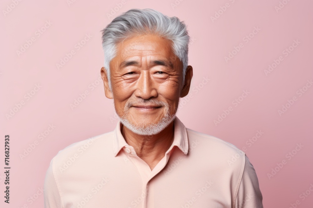 Portrait of a content asian man in his 60s donning a trendy cropped top against a pastel or soft colors background. AI Generation Portrait of a content asian man in his 60s donning a trendy cropped top against a pastel or soft colors background. AI Generation