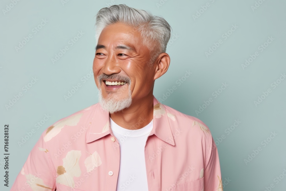 Portrait of a content asian man in his 60s donning a trendy cropped top against a pastel or soft colors background. AI Generation Portrait of a content asian man in his 60s donning a trendy cropped top against a pastel or soft colors background. AI Generation