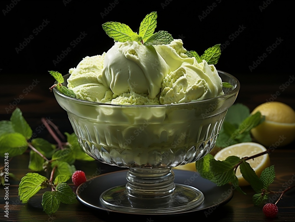 Green cream ice cream with mint leaves Green cream ice cream with mint leaves