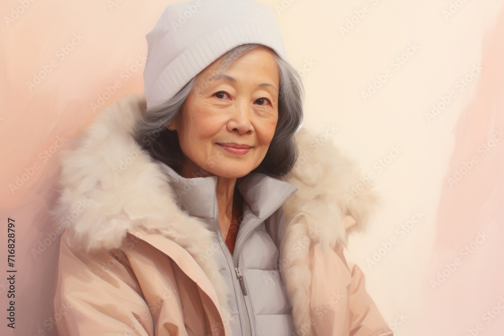 Portrait of a tender asian woman in her 80s wearing a warm parka against a pastel or soft colors background. AI Generation Portrait of a tender asian woman in her 80s wearing a warm parka against a pastel or soft colors background. AI Generation