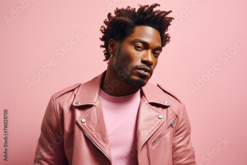 Portrait of a glad afro-american man in his 20s sporting a classic leather jacket against a pastel or soft colors background. AI Generation