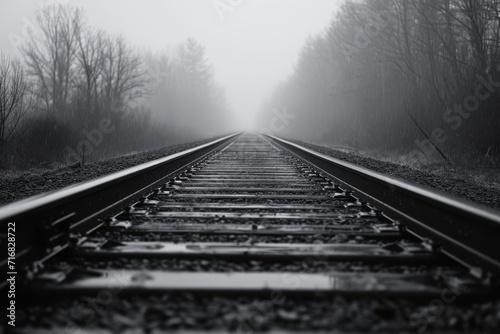 Minimalist black and white photo of an empty track in the rain, evoking solitude and contemplation