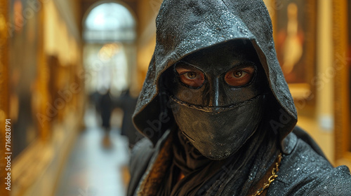Thief with black mask standing in picture museum.