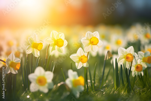 Beautiful white daffodils with pale yellow trumpets in sunlight