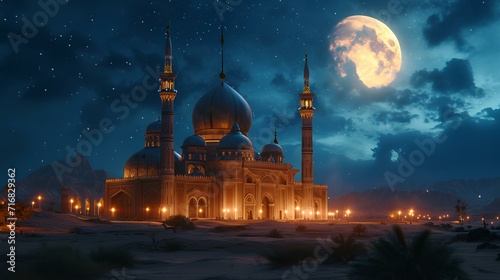 Mosque in the desert at night with a starry sky. 3d rendering © shameem