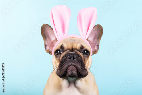 Cute French Bulldog dog wearing Easter bunny ears in fornt of blue studio background