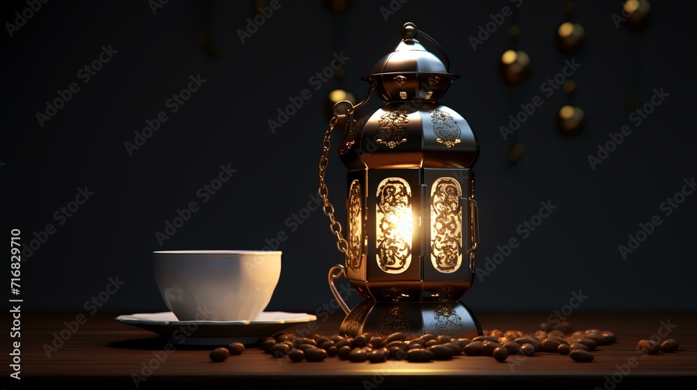 Coffee beans with coffee pot and kerosene lamp on wooden table Coffee beans with coffee pot and kerosene lamp on wooden table
