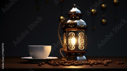 Coffee beans with coffee pot and kerosene lamp on wooden table photo