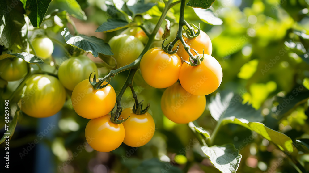 close up of yellow tomatoes ripening on the vine in a garden