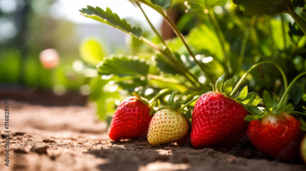 close up of vibrant strawberry plants thriving in rich, sun-dappled soil, homegrown garden close up of vibrant strawberry plants thriving in rich, sun-dappled soil, homegrown garden