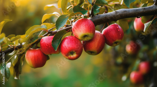 a cluster of ripe, red apples hanging from an orchard tree, capturing the vibrant colors of autumn in the countryside