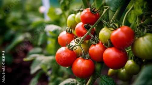 close up of red tomatoes ripening on the vine in a garden, from green to red