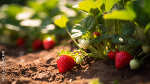 close up of vibrant strawberries growing in rich  sun-dappled soil  homegrown garden