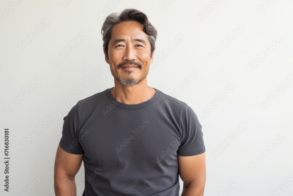 Portrait of a glad asian man in his 40s donning a trendy cropped top against a minimalist or empty room background. AI Generation Portrait of a glad asian man in his 40s donning a trendy cropped top against a minimalist or empty room background. AI Generation