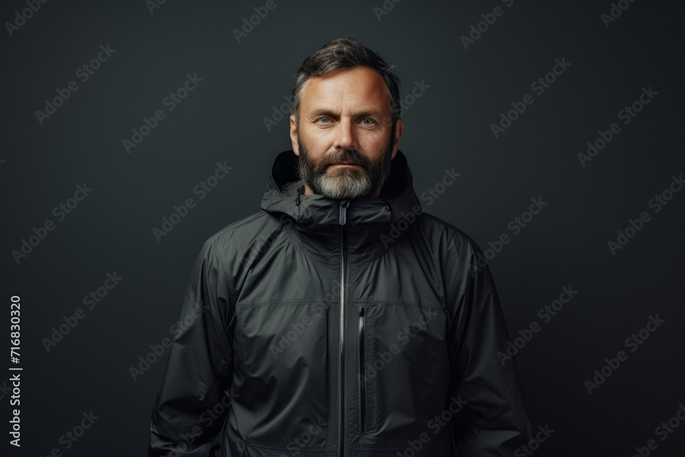 Portrait of a glad man in his 40s wearing a functional windbreaker against a minimalist or empty room background. AI Generation