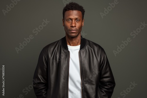 Portrait of a satisfied afro-american man in his 40s sporting a stylish varsity jacket against a minimalist or empty room background. AI Generation photo
