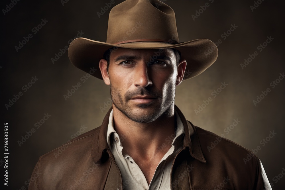 Portrait of a satisfied man in his 40s wearing a rugged cowboy hat against a minimalist or empty room background. AI Generation Portrait of a satisfied man in his 40s wearing a rugged cowboy hat against a minimalist or empty room background. AI Generation