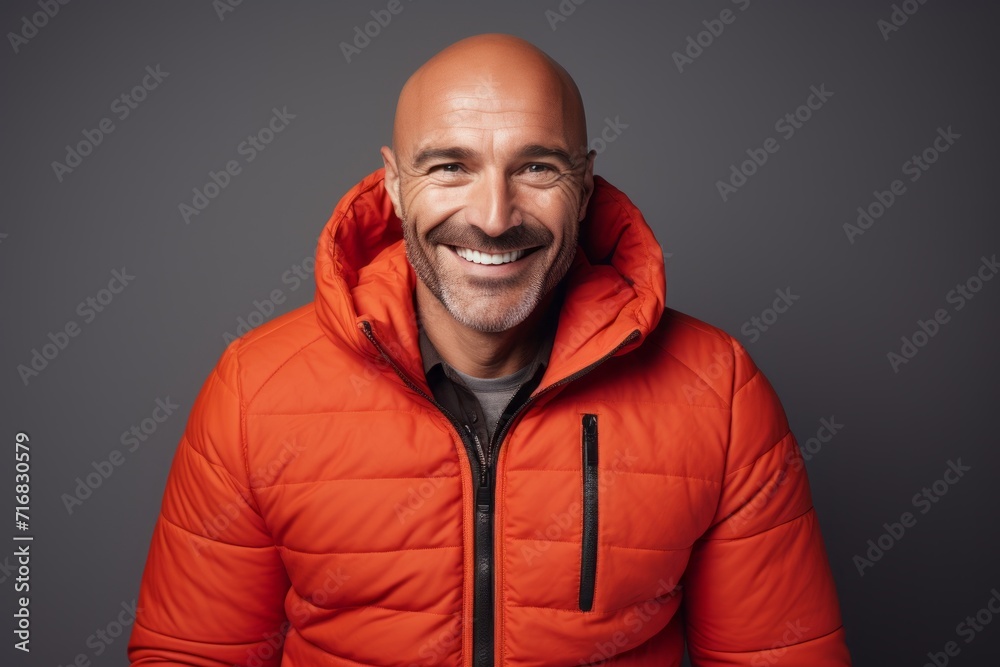 Portrait of a cheerful man in his 40s sporting a quilted insulated jacket against a minimalist or empty room background. AI Generation Portrait of a cheerful man in his 40s sporting a quilted insulated jacket against a minimalist or empty room background. AI Generation