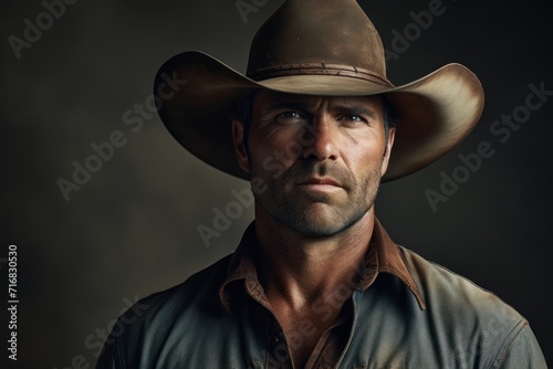 Portrait of a satisfied man in his 40s wearing a rugged cowboy hat against a minimalist or empty room background. AI Generation