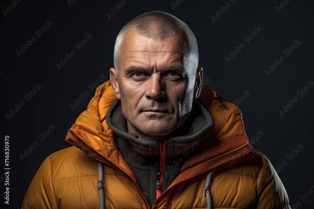 Portrait of a content man in his 50s donning a durable down jacket against a minimalist or empty room background. AI Generation Portrait of a content man in his 50s donning a durable down jacket against a minimalist or empty room background. AI Generation