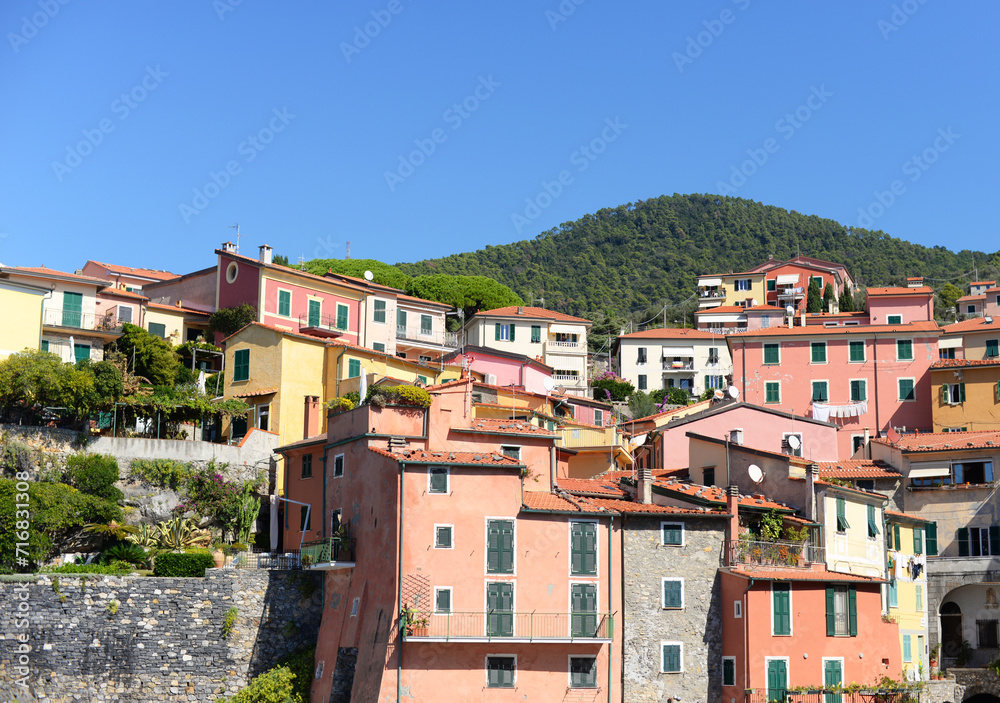 Tellaro, one of the most beautiful villages in Italy, in the bay of the poets in La Spezia, Ligurian coast, Italy on a bright summer day