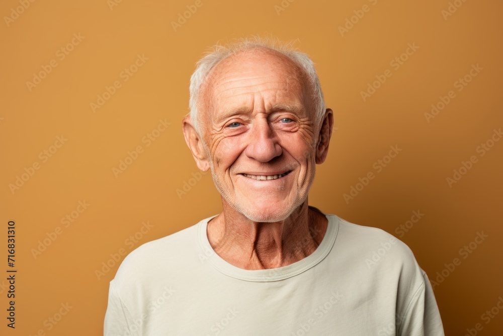 Portrait of a grinning man in his 80s donning a trendy cropped top against a minimalist or empty room background. AI Generation Portrait of a grinning man in his 80s donning a trendy cropped top against a minimalist or empty room background. AI Generation