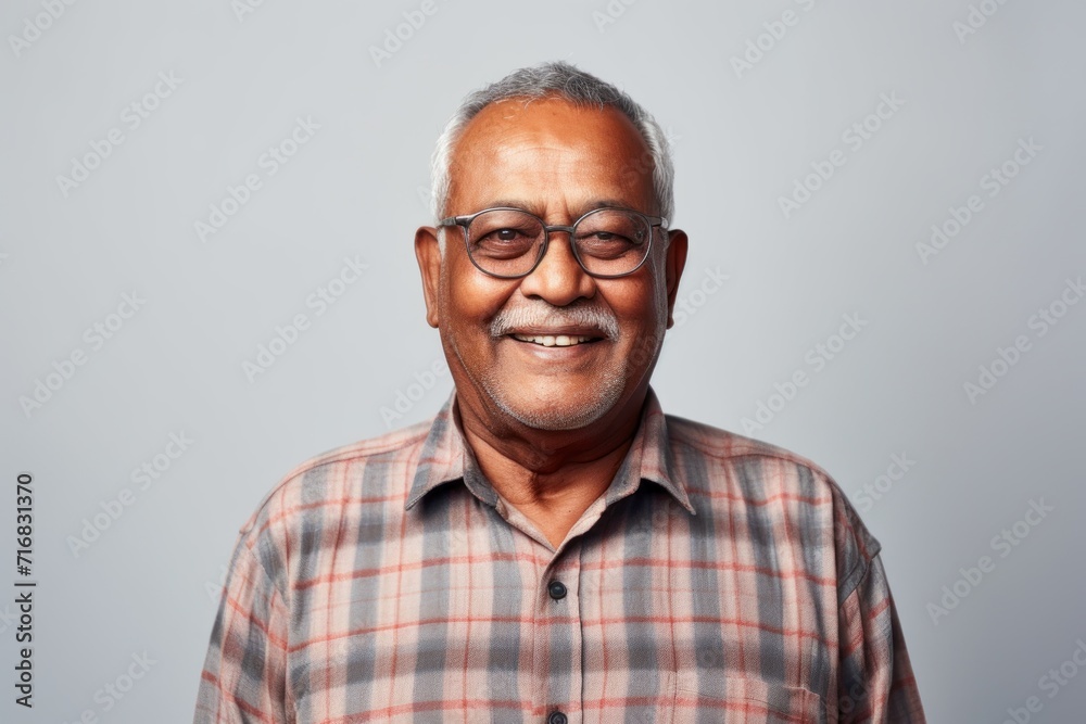 Portrait of a happy indian man in his 80s dressed in a relaxed flannel shirt against a minimalist or empty room background. AI Generation Portrait of a happy indian man in his 80s dressed in a relaxed flannel shirt against a minimalist or empty room background. AI Generation