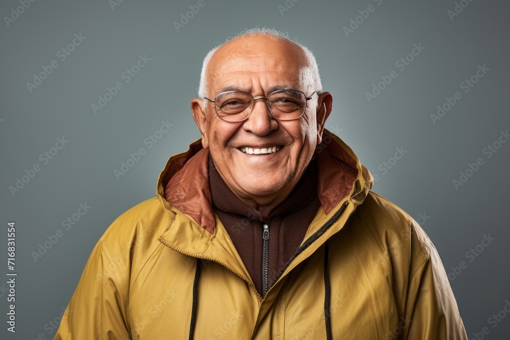 Portrait of a happy indian man in his 80s wearing a windproof softshell against a minimalist or empty room background. AI Generation Portrait of a happy indian man in his 80s wearing a windproof softshell against a minimalist or empty room background. AI Generation