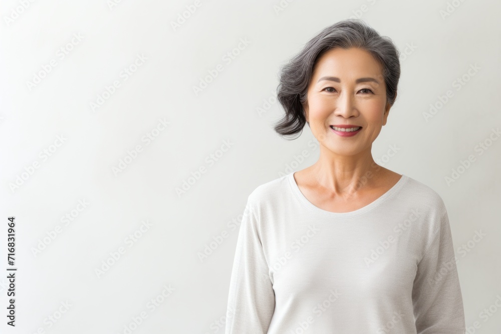 Portrait of a blissful asian woman in her 60s showing off a lightweight base layer against a minimalist or empty room background. AI Generation Portrait of a blissful asian woman in her 60s showing off a lightweight base layer against a minimalist or empty room background. AI Generation