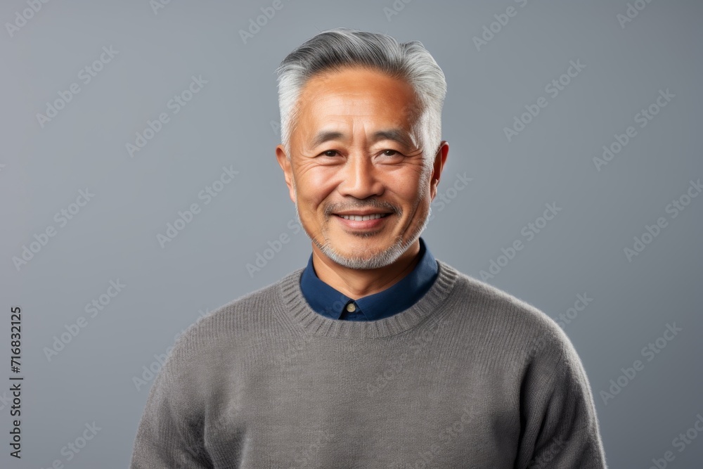 Portrait of a satisfied asian man in his 60s wearing a cozy sweater against a minimalist or empty room background. AI Generation Portrait of a satisfied asian man in his 60s wearing a cozy sweater against a minimalist or empty room background. AI Generation