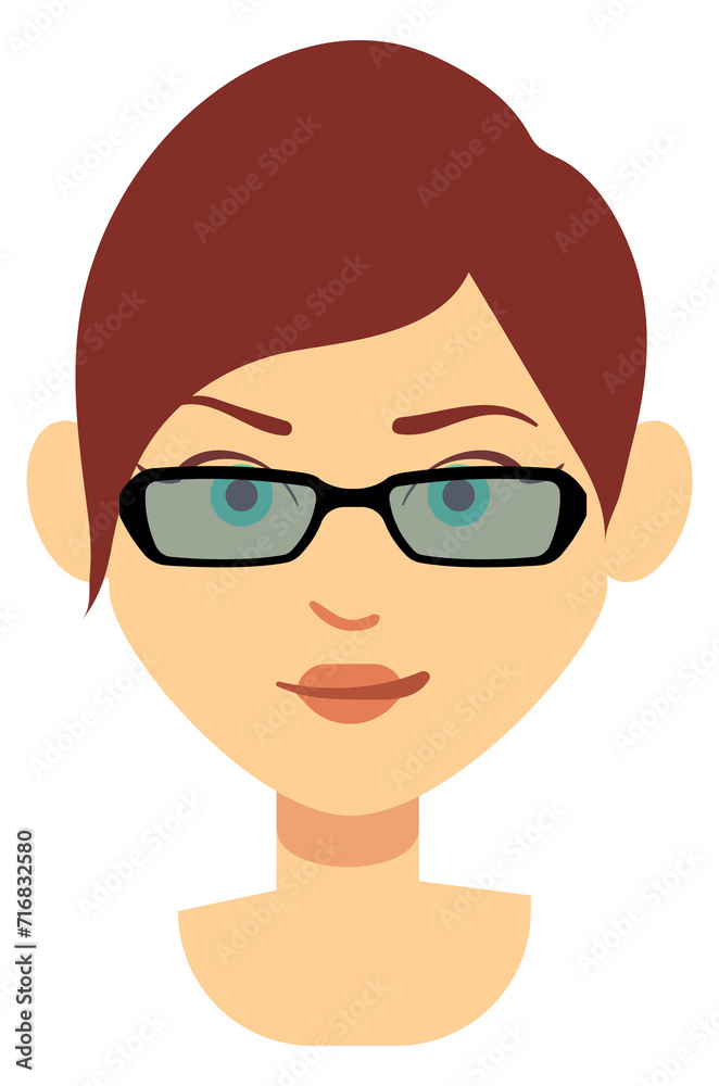 Pretty woman in elegant sunglasses. Cartoon head portrait