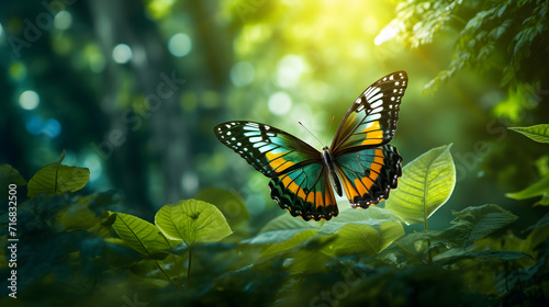illustration of beautiful butterflies flying in green and natural leaves © MyBackground