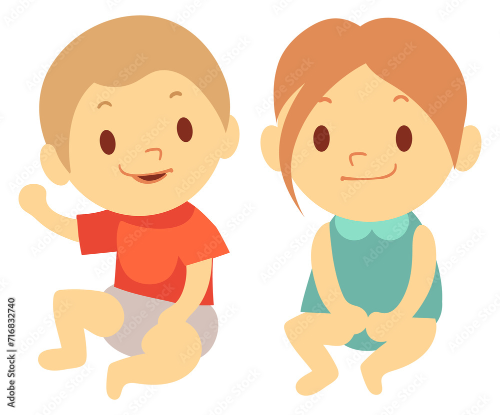 Happy toddlers. Boy and girl sitting. Cartoon babys Happy toddlers. Boy and girl sitting. Cartoon babys