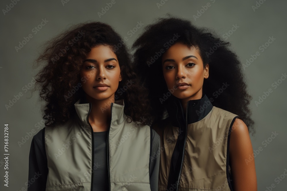 Portrait of a content afro-american woman in her 20s dressed in a water-resistant gilet against a minimalist or empty room background. AI Generation Portrait of a content afro-american woman in her 20s dressed in a water-resistant gilet against a minimalist or empty room background. AI Generation