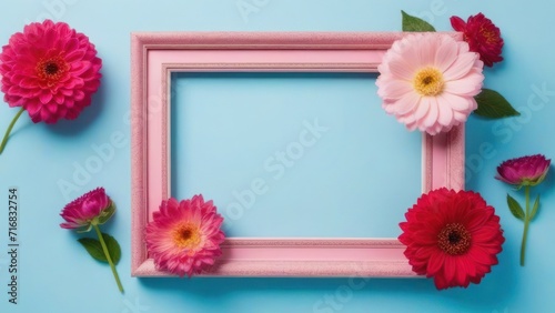 image of blooming flowers of various colors placed on and around empty pink photo frame against light blue background.  generative  ai.