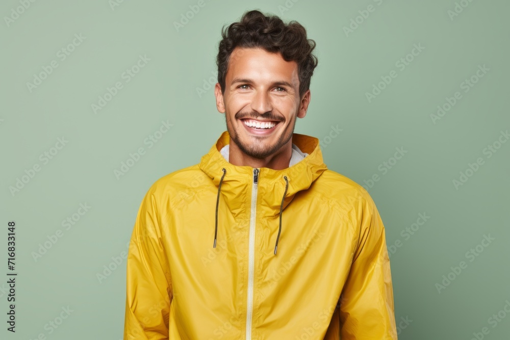 Portrait of a cheerful man in his 20s wearing a lightweight packable anorak against a minimalist or empty room background. AI Generation Portrait of a cheerful man in his 20s wearing a lightweight packable anorak against a minimalist or empty room background. AI Generation