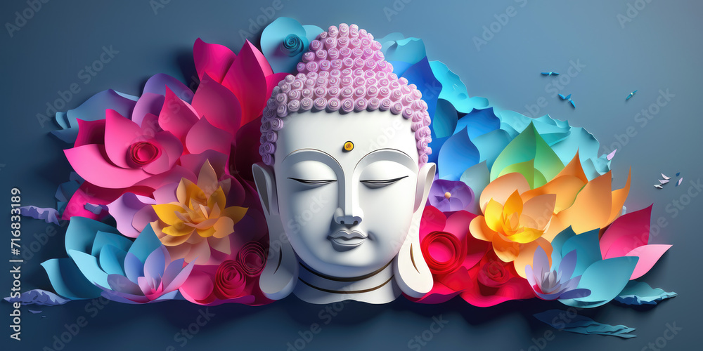 glowing crystal buddha face with 3d paper cut clouds colorful flowers, nature background, colorful lotuses