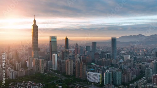 Aerial view of Taipei, the capital of Taiwan, and a beautiful sunset sky. photo