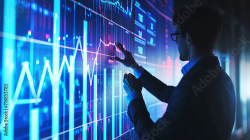 A businessman interacting with a holographic bar graph floating in the air, business, dynamic and dramatic compositions, with copy space