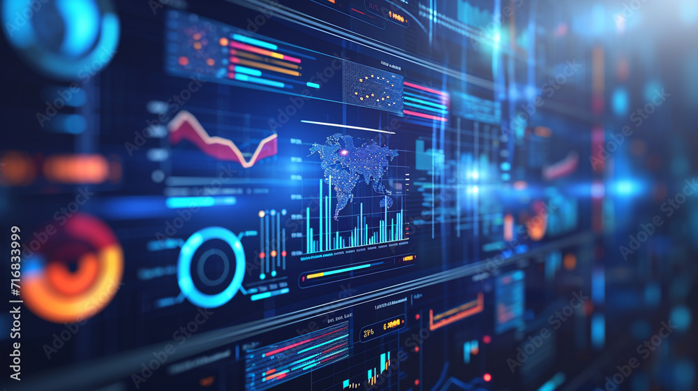 A floating holographic dashboard with various business analytics, business, dynamic and dramatic compositions, with copy space