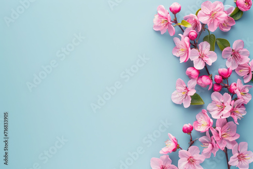 Banner with pink flowers on light blue background. Greeting card template for Wedding, mothers or womans day. Springtime composition with copy space. Flat lay style